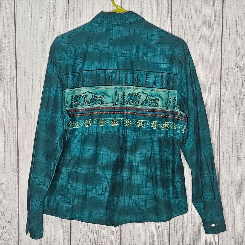 Vintage Panhandle Slim Green Wagon Horse Western Button Down, size Large - Picture 4 of 6
